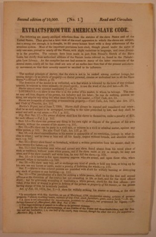 Item #15366 EXTRACTS FROM THE AMERICAN SLAVE CODE. Anti-Slavery Bugle.