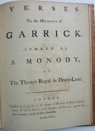 Item #21934 VERSES TO THE MEMORY OF GARRICK. SPOKEN AS A MONODY, AT THE THEATRE ROYAL IN...