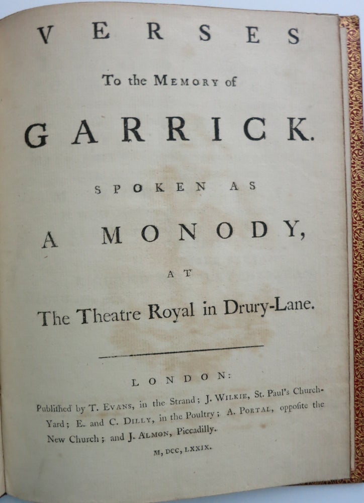 Item #21934 VERSES TO THE MEMORY OF GARRICK. SPOKEN AS A MONODY, AT THE THEATRE ROYAL IN DRURY-LANE. Richard Brinsley Sheridan.