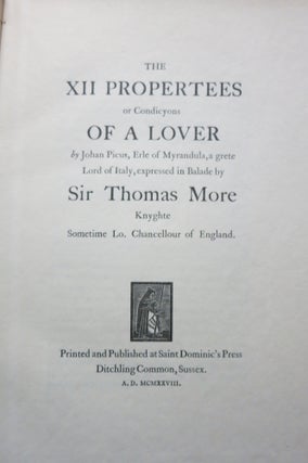 Item #22345 THE XII PROPERTEES OR CONDICYONS OF A LOVER, by Johan Picus, Erle of Myrandula, a...