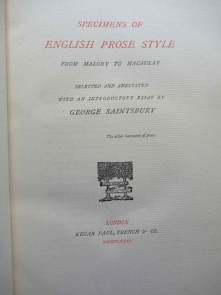 SPECIMENS OF ENGLISH PROSE STYLE FROM MALORY TO MACAULAY.